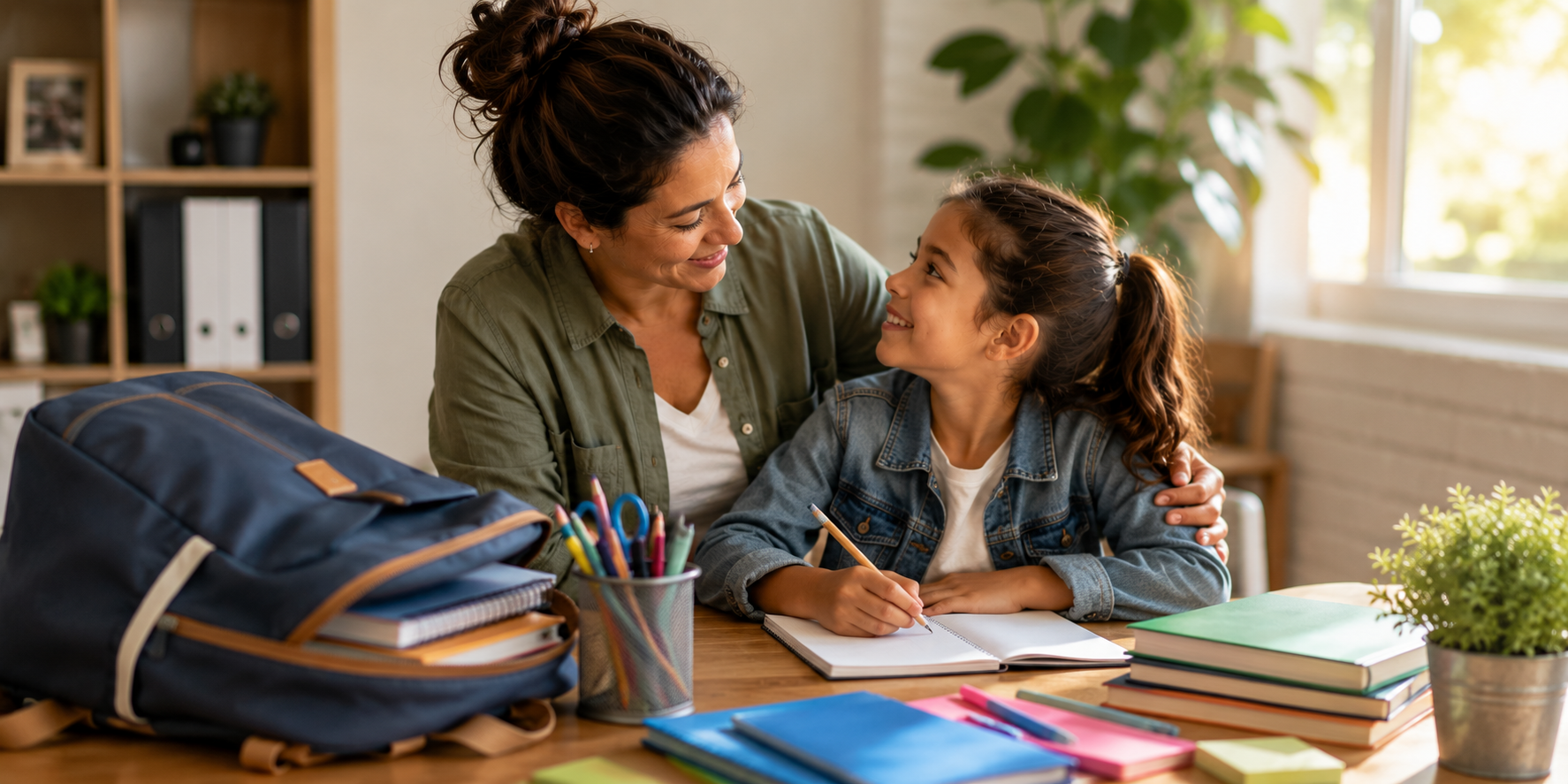 A foster care provider sits beside a smiling school-aged child at a table with a backpack, notebooks, pencils and other school supplies, offering reassurance as they prepare for the new school year.